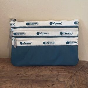 New with tags- LeSportsac teal blue 3 zip cosmetic bag